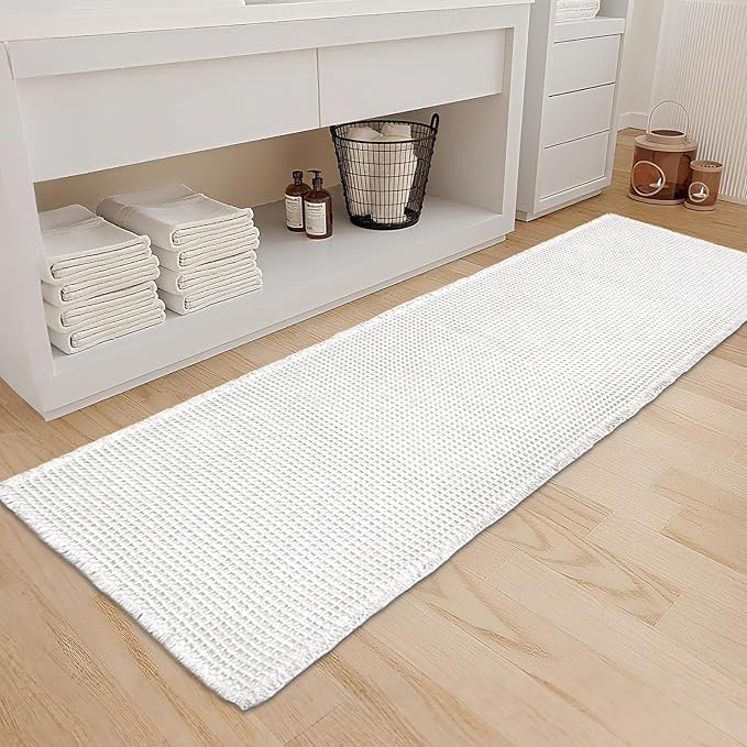 ZALL Waffle Bath Mat White Super Absorbent Non Slip Bathroom Rug 24X72inch,Machine Washable Ultra Soft Floor Mats