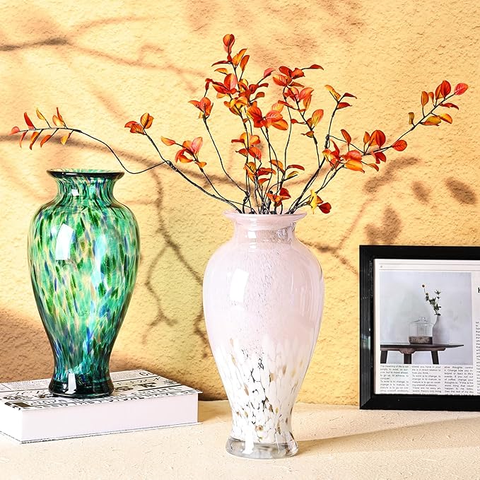 11.8" Tall Pink Glass Vase Beautiful Hand Blown Glass Vase Modern Art Home Decor, Wide Mouth Colorful Vases for Mantle Dining Table Centerpiece, Entryway Living Room Wedding Decoration