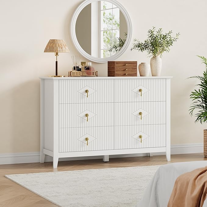 GarveeHome Fluted Dresser for Bedroom, 47.2 Inch Wide 6-Drawer Wood Dresser, Modern Chest of Drawers, Storage Organizer Cabinet for Living Room, Hallway, Entryway, White