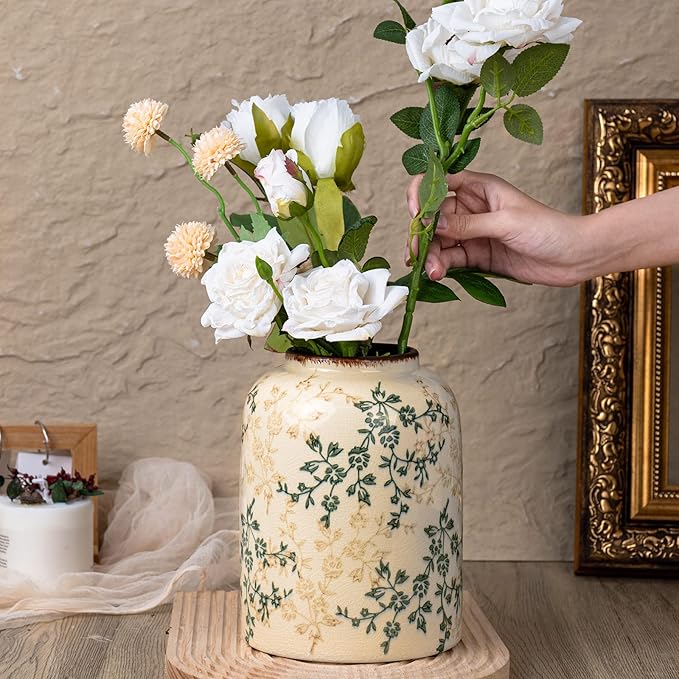 Fitous Green Chinoiserie Floral Vase, Ceramic Farmhouse Flower Vase, Creative Ice Cracked Vintage Vases for Home Decors, Cottage, Dining Coffee Table Centerpiece, Bookshelf, Tuscan Decor,8.3 Inch