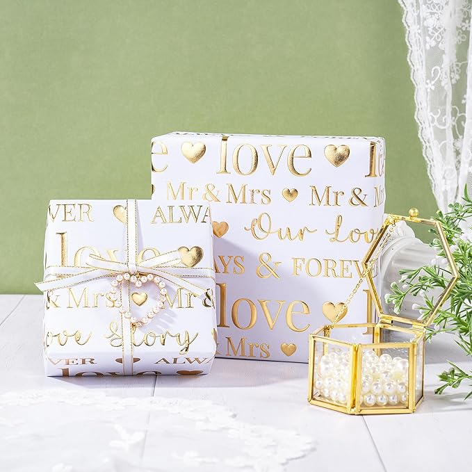 RUSPEPA Wrapping Paper Roll, Bridal Shower Gift Wrap, Mini Roll, 17 Inches x 16.5 Feet, White and Gold Foil LOVE Design for Wedding, Anniversary, Engagement