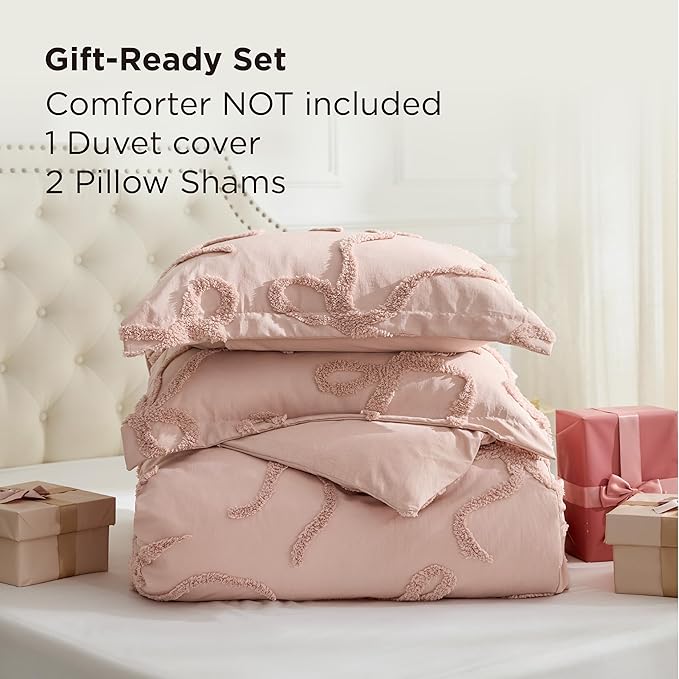 Bedsure Boho Duvet Cover Queen Size - Rose Pink Tufted Boho Bedding, Farmhouse Shabby Chic Embroidery Bedding for All Seasons, 3 Pieces, 1 Soft Jacquard Queen Comforter Cover and 2 Pillow Shams