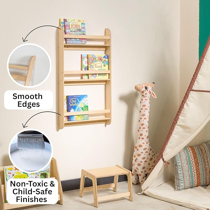 Montessori Wall-Mounted Bookshelf for Toddlers Toy Storage Shelf Organizer for Playroom and Classroom Floor Bookshelves for Kids Room (Natural, L, 3)