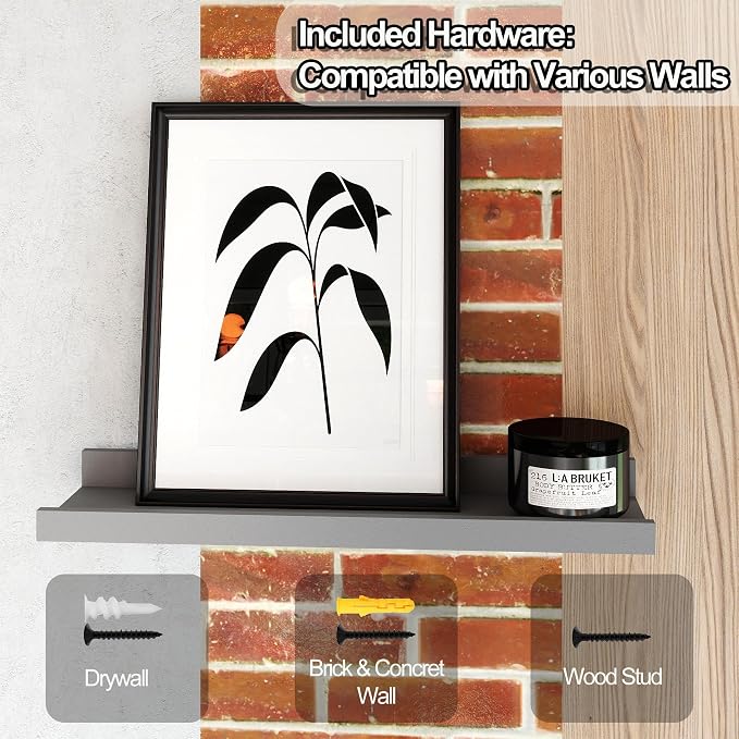 Floating Shelves for Wall Decor, Wall Mounted Wood Storage Shelf for Bedroom, Living Room, Bathroom, Kitchen, Nursery, Display Picture Ledge Shelf with Lip Set of 2-14 Inches, Grey