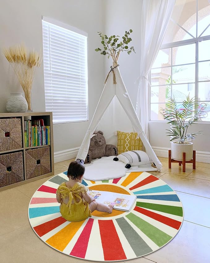 STARUIA Boho Washable Rug 5 Ft Round Area Rug for Bedroom, Rainbow Circle Kids Rugs for Office, Non-Slip Circluar Carpet Soft Sunshine Rugs for Dorm Nursery Sofa Living Room Corner