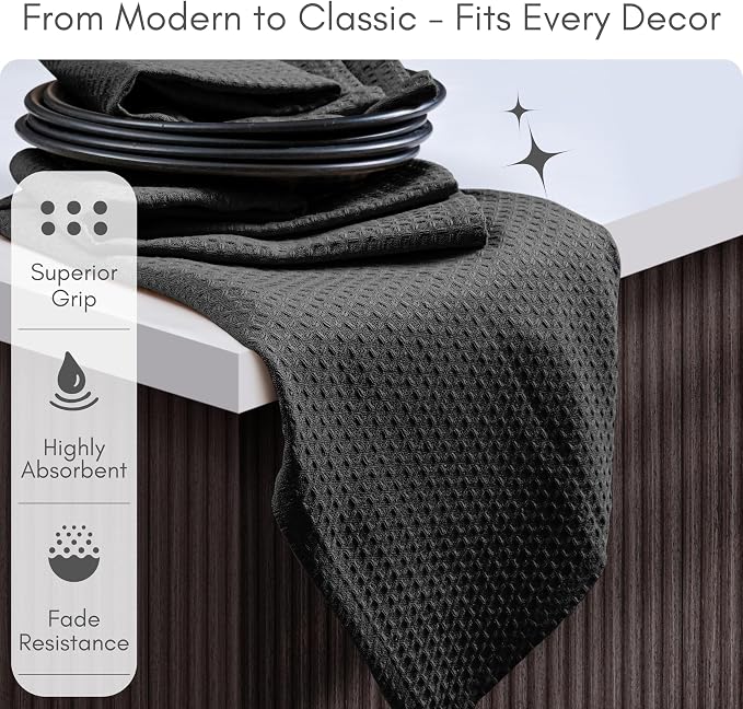 TWINY threads Kitchen Towel Waffle Weave, 12 Pack, 16x26 Inch, Premium Cotton Dish Rags, Absorbent Quick Drying Linen Set for Home, Restaurant Kitchens, Reusable Wash Cloths for Drying Dishes, Black