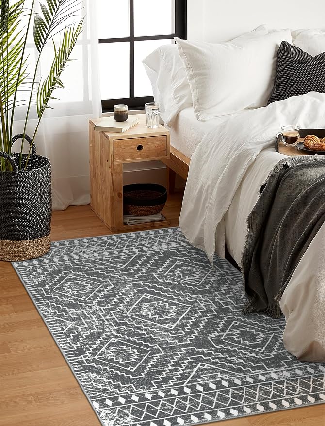 Wonnitar Moroccan 3x5 Washable Area Rug, Boho Living Room Rug, Non-Slip Farmhouse Rustic Bedroom Throw Mat, Non-Shedding Soft Geometric Floor Carpet for Kitchen Entry Office (Dark Grey,3'x5')