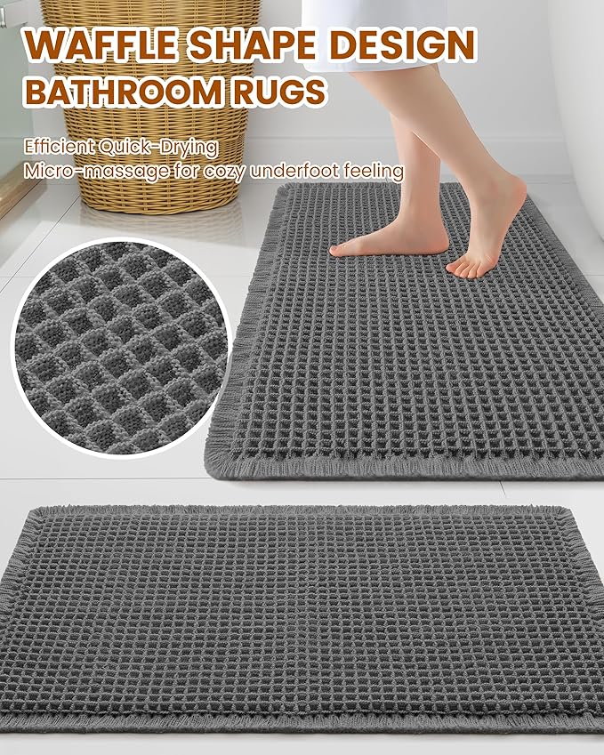 Smiry Waffle Bath Mat 30x20, Extra Soft Absorbent Bathroom Rugs, Non Slip Machine Washable Quick Dry Bath Rugs for Bathroom Floor, Tub, Shower, Home Decor Accessories, Dark Grey