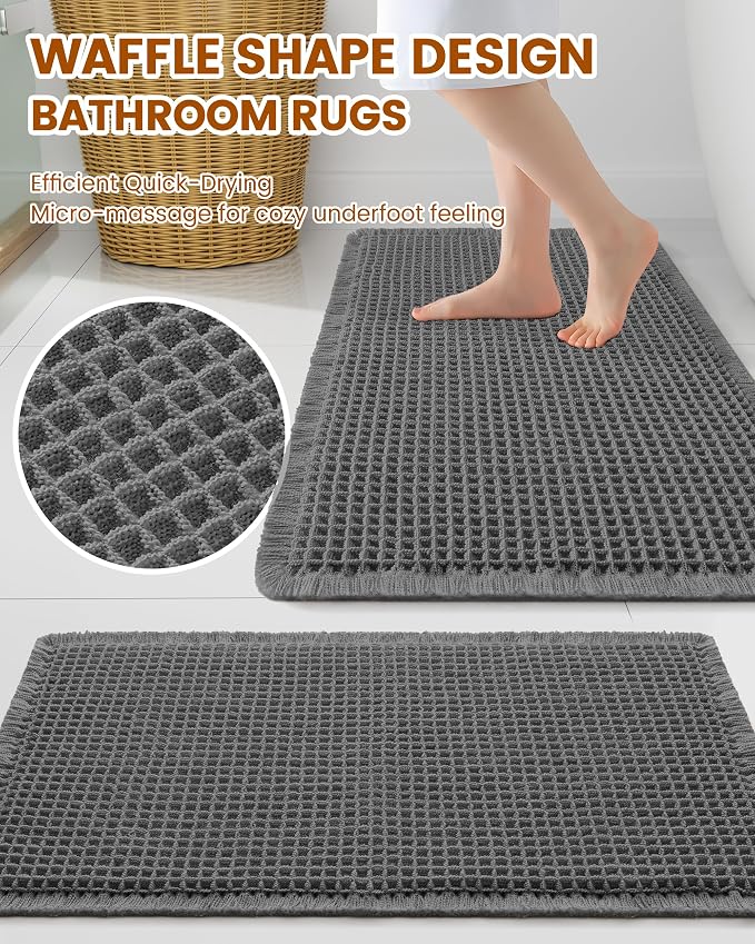 Smiry Waffle Bath Mat 36x24, Extra Soft Absorbent Bathroom Rugs, Non Slip Machine Washable Quick Dry Bath Rugs for Bathroom Floor, Tub, Shower, Home Decor Accessories, Dark Grey