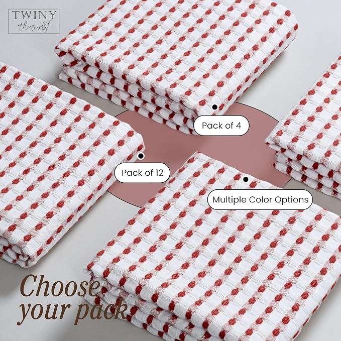 TWINY threads Waffle Kitchen Towels 100% Cotton Set of 4, Ultra Absorbent Dishcloth Set, Absorbent, Quick Dry & Soft Waffle Texture Cloths for Drying Dishes & Household Cleaning, Rust & White