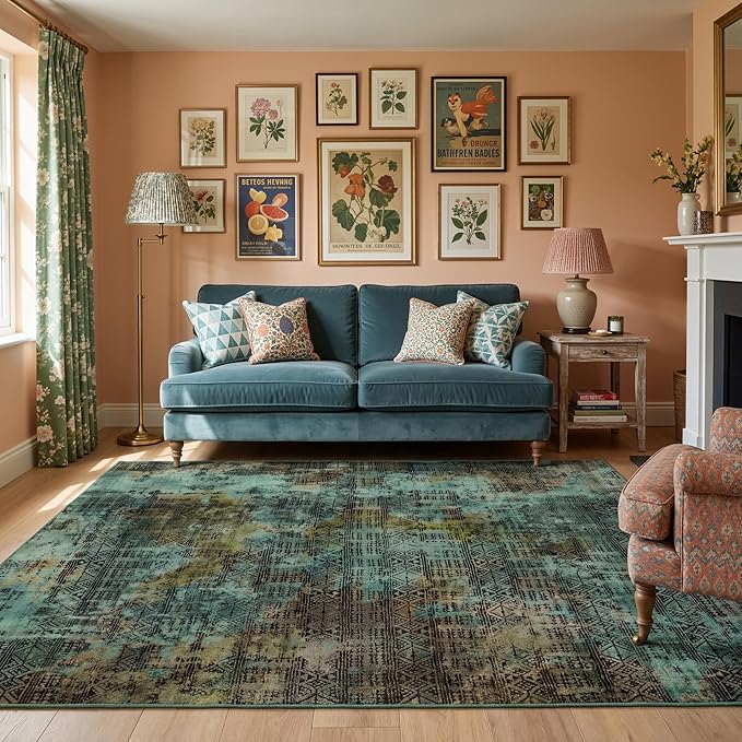 Kokia Abstract 8x10 Area Rugs Living Room Washable Dark Green Low Pile Non-Slip Indoor Decor Carpet Foldable Stain Resistant Ombre Rugs Bedroom Dining Room, Oslo Moss