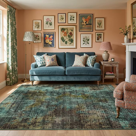 Kokia Abstract 8x10 Area Rugs Living Room Washable Dark Green Low Pile Non-Slip Indoor Decor Carpet Foldable Stain Resistant Ombre Rugs Bedroom Dining Room, Oslo Moss