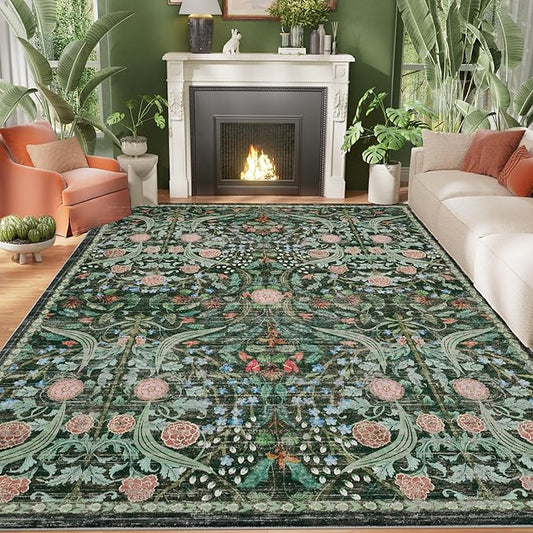 AMTOVO 9x12 Washable Area Rugs for Living Room, Non-Slip&Non-Shedding Floral Large Soft Boho Vintage Print Carpet for Bedroom Girls Room Dorm Dining Room Farmhouse Nursery Home Office, Dark Green