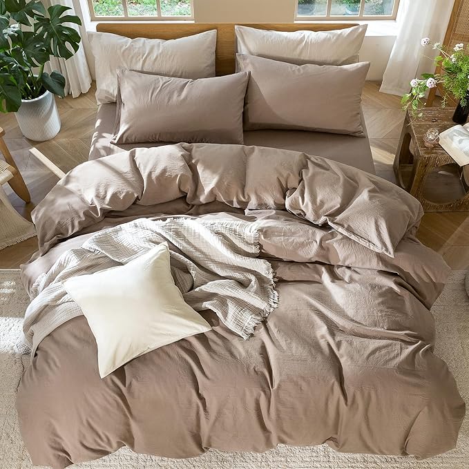 MooMee Bedding Duvet Cover Set 100% Washed Cotton Linen Like Textured Breathable Durable Soft Comfy (Solid Brown, Cal King 104"x98")