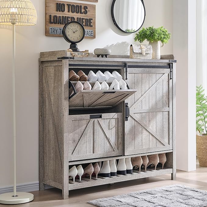 OKD Shoe Storage Cabinet with 2 Flip Drawers & Sliding Door, Farmhouse Entryway Shoe Organizer, Freestanding Rustic Hidden Shoe Rack Cabinet for Entryway, Light Rustic Oak