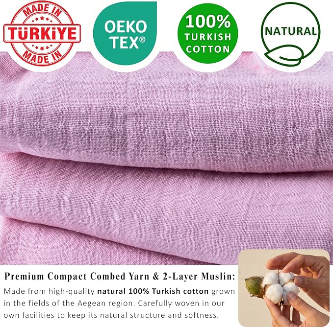 PÜSKÜL - Premium 2-Piece Oversized Muslin Bath Towel for Adult 35x70 Extra Large Bath Sheets | Natural 100% Turkish Cotton Soft Absorbent Quick-Dry Thin Spa & Beach Towels (Pack of 2, Light Pink)