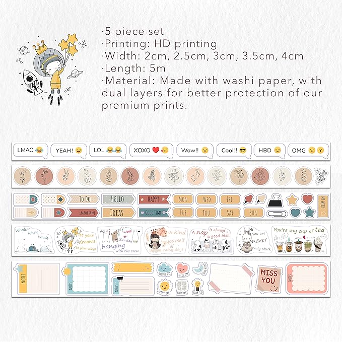 WT Planner’s Washi Tape Sticker Set, 5 Rolls, Original Floral Weekly Decorative Stickers, Cute Pastel Adhesive Tape for Planners, Journals, Bujo, DIY Crafts, Stationery Supplies