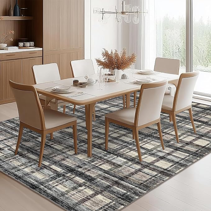Washable Rugs 9 x 12 Rug for Living Room Plaid Area Rug Non Slip Large Area Rug Soft Non Shedding Throw Rugs Gingham Stain Resistant Carpet for Bedroom Office Dining Room Green/Brown 9'x12'