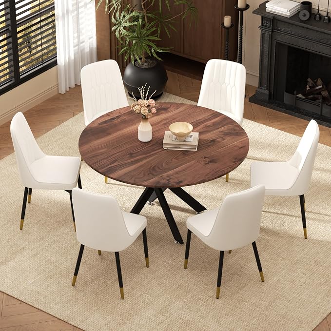 RGZ Mid Century Walnut Round Dining Table Set for 6, 47" Large Wooden Circle Kitchen Table & 6 White PU Leather Kitchen Chairs, Dinner Table Set for Home, Apartment, Dining Room