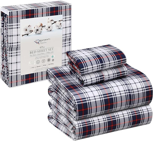 RUVANTI 100% Cotton Sheets Queen Size Set, 4 Pieces, Soft & Breathable Percale Weave Bedding, Deep Pocket 16", Hotel Standard, Crisp Cool Feeling, Durable, Perfect Floral Bed Sheet, Prussian