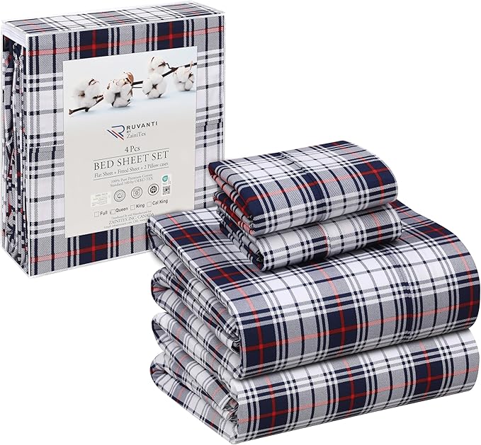 RUVANTI 100% Cotton California King Sheet Sets, 4 Pieces, Soft & Breathable Percale Weave Bedding, Deep Pocket 14", Hotel Standard, Crisp Cool Feel & Durable, Perfect Floral Sheets, Prussian