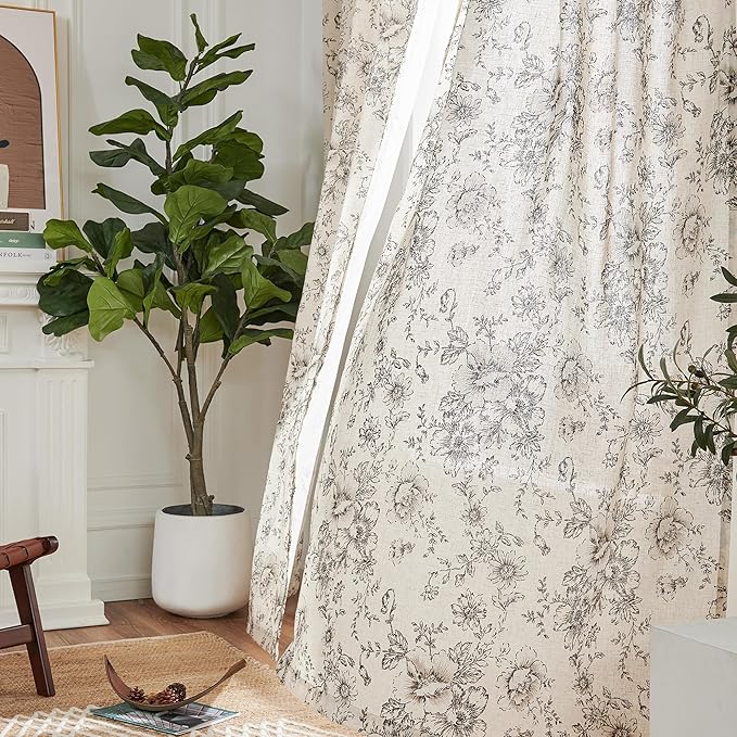 jinchan Pinch Pleated Curtains Floral Linen Blend Curtains for Living Room 63 Inch Length Black Peony Flower Printed Curtain Rod Pocket Back Tab Farmhouse Pinch Pleat Drapes with Hooks Set 2 Panels