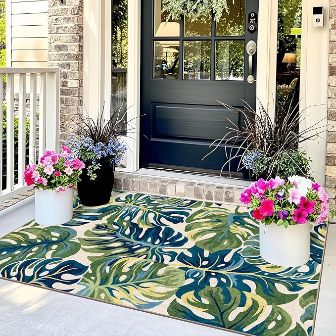 3x5 Botanical Entry Rug - Small Washable Indoor Outdoor Mats for Front Door Non-Slip Porch Rug Spring Tropical Green Leaf Throw Rugs for Living Room Bedroom Entryway Kitchen Office Porch Decor