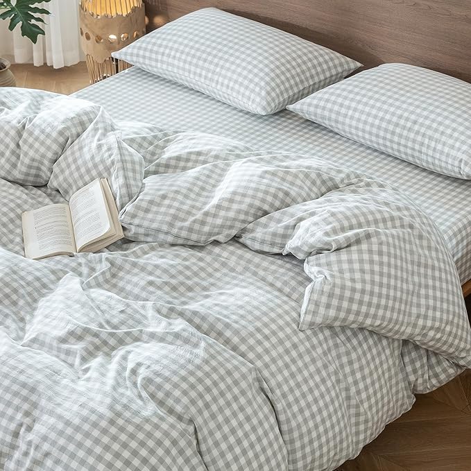 MooMee Gingham Duvet Cover Set 100% Washed Cotton Linen Like Textured Breathable Durable Soft Comfy Modern Checkered Design (Northern Droplet Grey Gingham, Queen 90"x90")