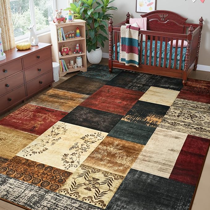 Tepook Modern Area Rug for Living Room, 6x9 Geometric Large Rugs for Bedroom, Washable Patchwork Rug Indoor Non-Slip Throw Carpets for Dining Room Office Farmhouse Home Decor, Multi