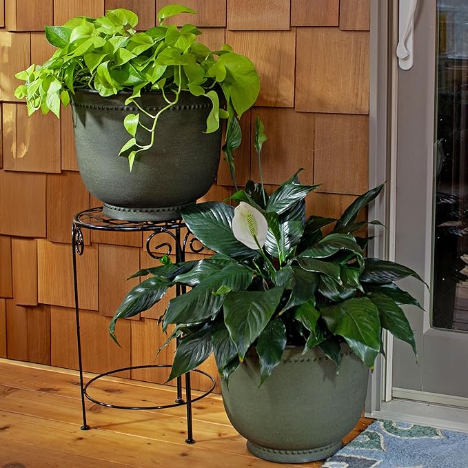 Sunnydaze Michael 14.5" Metal Outdoor Plant Pot Set with Drainage Holes and Rubber Plugs - Matte Sage - Set of 2