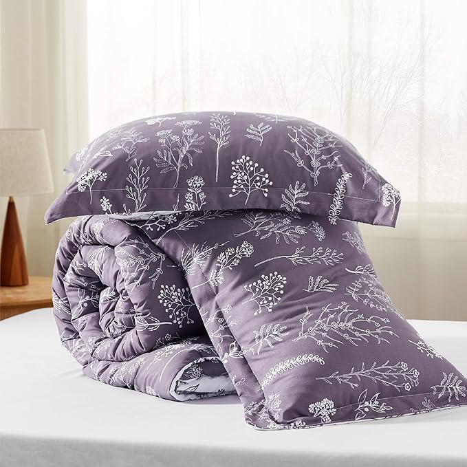 Bedsure Twin/Twin XL Comforter Set - Grayish Purple Bed Set, 2 Pieces Cute Floral Bedding, 1 Soft Reversible Botanical Flowers Comforter and 1 Pillow Sham