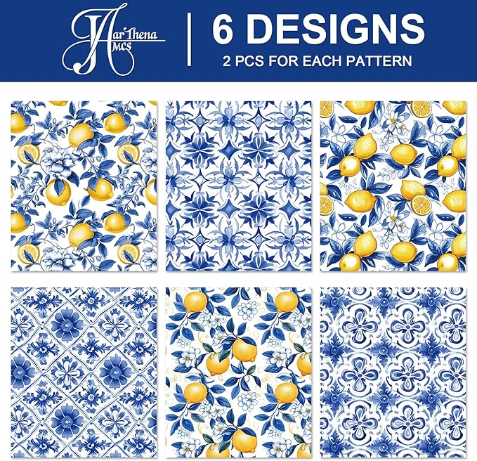JarThenaAMCS 12 Sheet Chinoiserie Lemons Wrapping Paper -Not Roll- Watercolor Blue Tiles Lemon Gift Wrap Paper Folded Flat Art Paper for DIY Crafts Gift Wrapping, 19.7 x 27.6 Inch