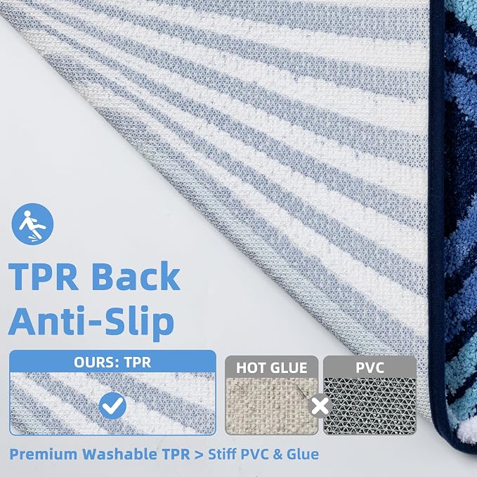 Funky Blue Bathroom Rug, Absorbent Non Slip High Pile Tufted Bath Mat with 3D Striped Pattern, Plush Microfiber Shower Rug for Bathroom Sink, Tub, Machine Washable, 16"x24"