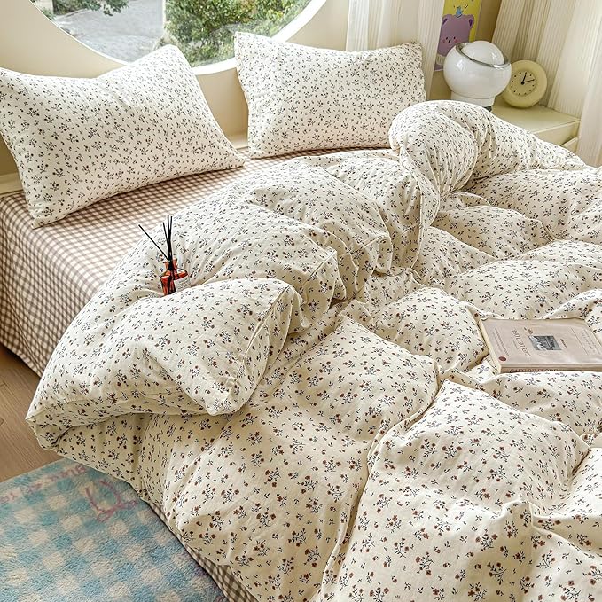 EAVD Garden Style Small Floral Duvet Cover Twin Size Soft 100% Cotton Muslin Bedding Set with Floral Print Fresh Cottagecore Botanical Pattern Duvet Cover with Zipper Closure