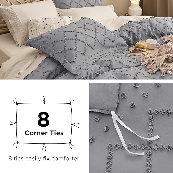 Bedsure Boho Duvet Cover Queen Size - Grey Breathable & Soft Boho Bedding, Machine Washable Comforter Cover for All Seasons, Includes 1 Duvet Cover 90"x90" with 2 Pillow Shams & Zipper Closure