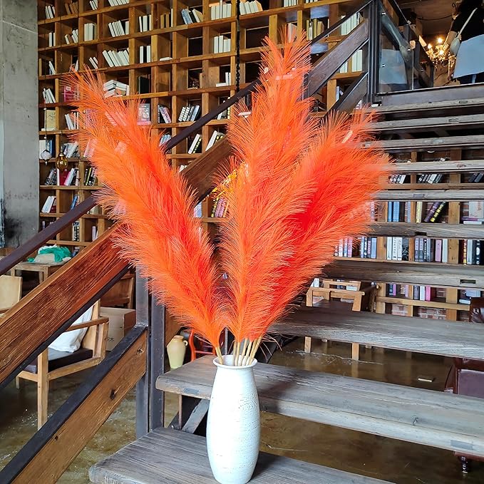 Premium Faux Pampas Grass Decor Tall & Fluffy, No Assembly Needed Long Pampas, Luxury Large Floral, Elegant Feather Flowers for Wedding Decor(Faux Orange, 8pcs 43.3"(110cm))