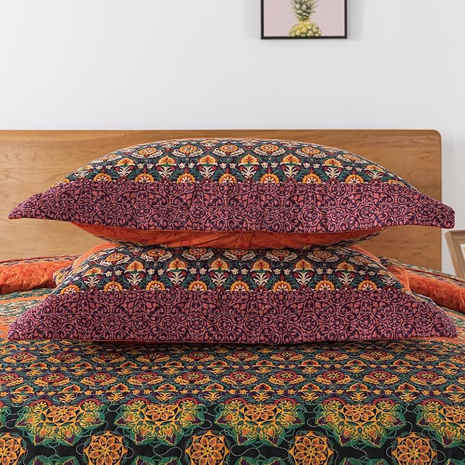 HoneiLife Quilt Sets Queen Size - 3 Pieces Microfiber Quilt Lightweight Bedspreads Wildflower Coverlets Retro Bed Cover King Quilt Bedding Set All Season Quilts-Pumpkin