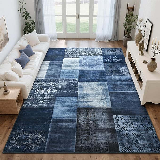 Tepook 6x9 Blue Area Rugs for Living Room, Modern Large Geometric Rug for Bedroom, Washable Patchwork Rug Indoor Non Slip Throw Carpets for Dining Room Office Farmhouse Home Decor