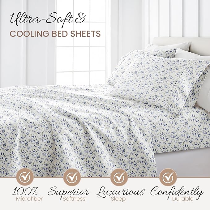 Linen Market Patterned Microfiber Full Sheet Set 4 Piece – Oeko-TEX Certified Ultra Soft & Wrinkle-Free - 16" Deep Pocket Sheets - Easy Care Full Size - Blossoms Light Blue