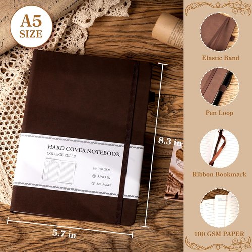 CAGIE Leather Journal Notebook - 320 Pages Thick Hardcover for Writing | A5 Size, Dark Brown