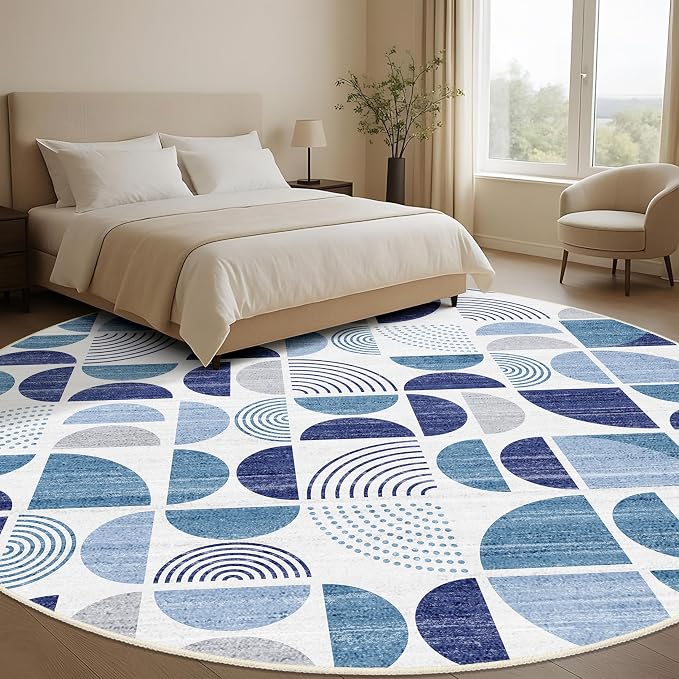 MUJOO Round Rugs 9ft,Circle Area Rug Washable,Circular Rugs for Living Room Dining Room,Large Boho Non Slip Throw Floor Carpet Modern Abstract Navy Blue