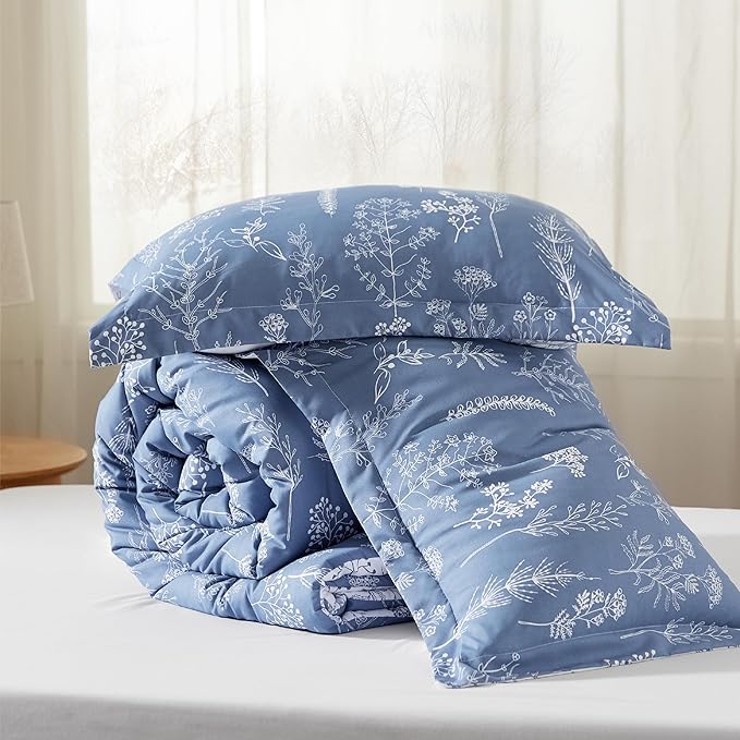 Bedsure King Comforter Set - Infinity Blue Bed Set, 3 Pieces Cute Floral Bedding, 1 Soft Reversible Botanical Flowers Comforter and 2 Pillow Shams