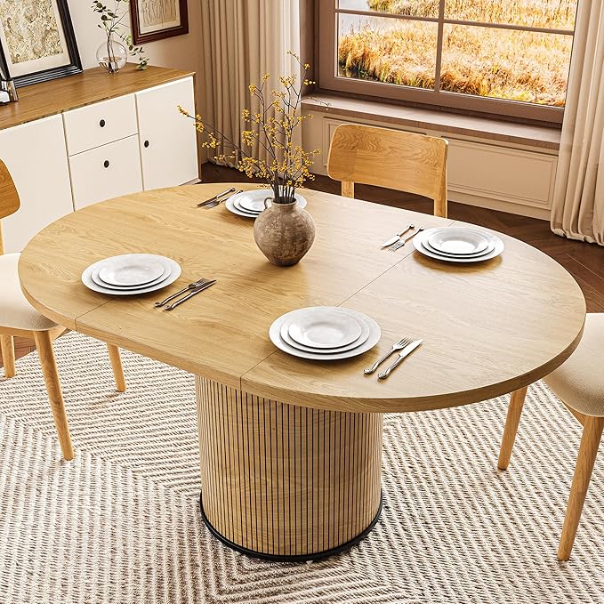 Extendable Round Dining Table for 4-8, 43in-59in Modern Wood Dining Room Table with Removable Leaves, Extendable Dinner Tables w/Heavy Duty Base for Kitchen|Living Room|Small Space, Natural