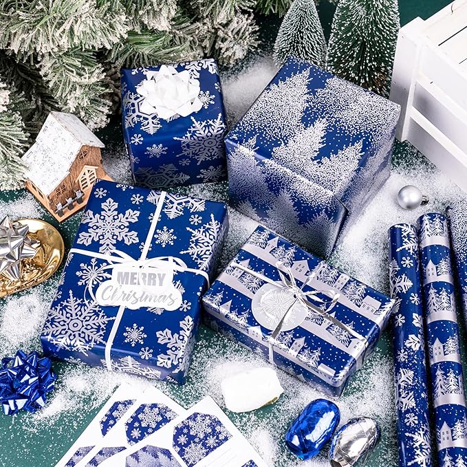 LeZakaa Christmas Wrapping Paper Bundle -Mini Roll with Bow, Ribbon, Sticker, Gift Tag -Navy with Silver Foil Design with Snowy Woodland Scenes/Snowflake/Tree-17x120 inches-3 Rolls (42.5sq.ft.ttl.)