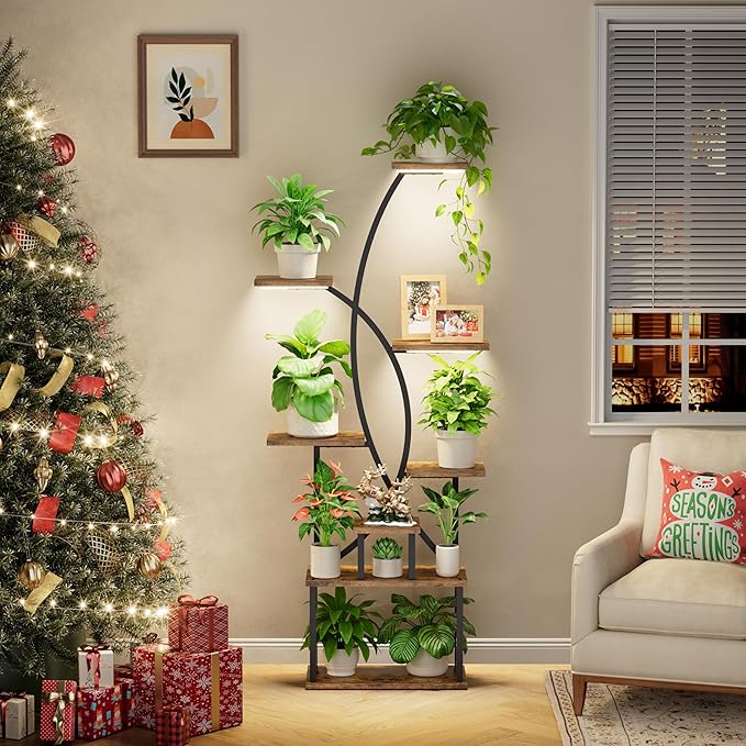 JUSTOGO Plant Stand Indoor with Grow Lights, 8 Tiered Tall Plant Shelf for Indoor Plants Multiple, 65" Large Corner Plant Stands, Metal Flower Holder Display Plant Rack for Living Room, Home, Patio