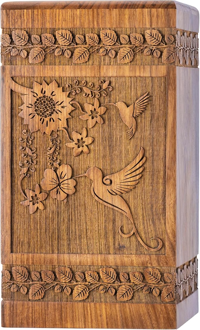 INTAJ Handcarved Rosewood Hummingbird Urn for Human Ashes Adult Male Female - Floral Carving 115 lbs Capacity - Wooden Cremation Urn Box Suitable for Burial Funeral Decorative Memorial Casket