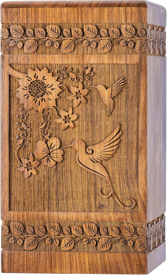 INTAJ Handcarved Rosewood Hummingbird Urn for Human Ashes Adult Male Female - Floral Carving 180 lbs Capacity - Wooden Cremation Urn Box Suitable for Burial Funeral Decorative Memorial Casket