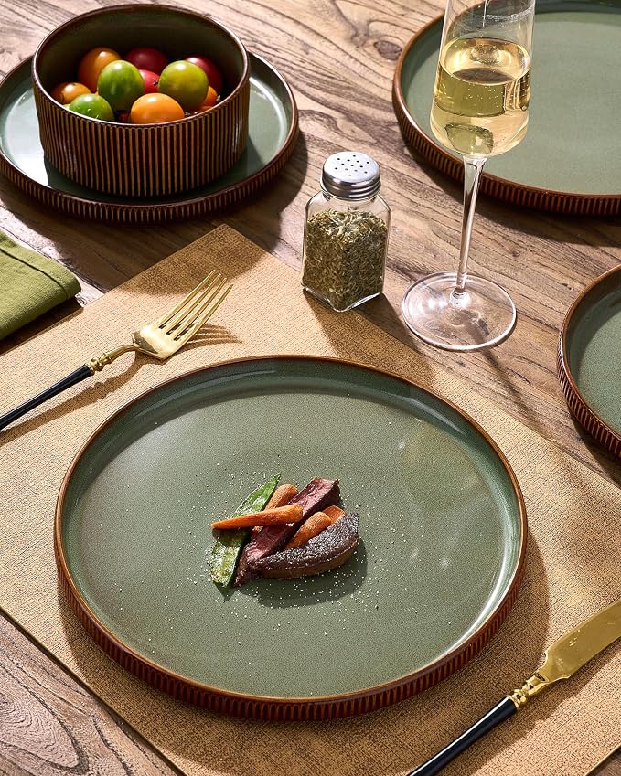 Stoneware Plates and Bowls Dishes Sets Service for 6 (18-Piece), Famiware Premium Handcrafted Reactive Glaze Dinnerware Set with Raised Rim, Scratch Resistant, Microwave Dishwasher Safe, Moss Cocoa