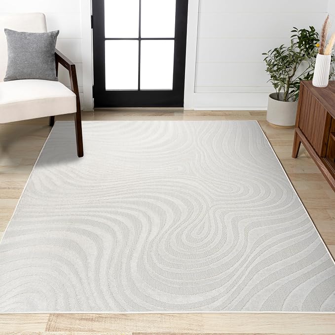 JONATHAN Y Maribo High-Low Abstract Striped Cream/Ivory 12x18 Indoor/Outdoor Area Rug, Pet Friendly, Non-Shedding, Stain Resistant, Easy-Cleaning for Backyard, Patio (SCN103A-18)