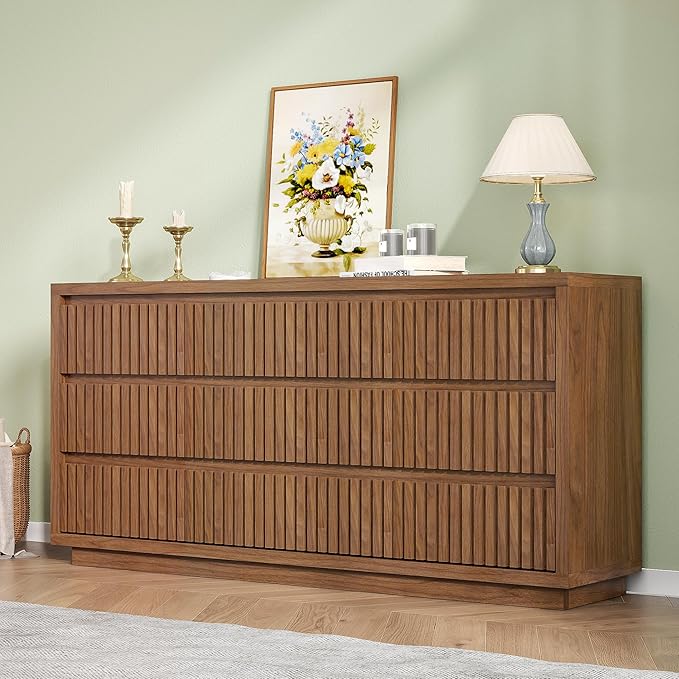 Fluted Long 9 Drawer Dresser, Large Mid Century Dresser for Bedroom, 58" Wide Vintage Chest of Drawers, Wood Closet Clothes Organizer, Walnut TV Stand for Living Room, Wooden, Brown